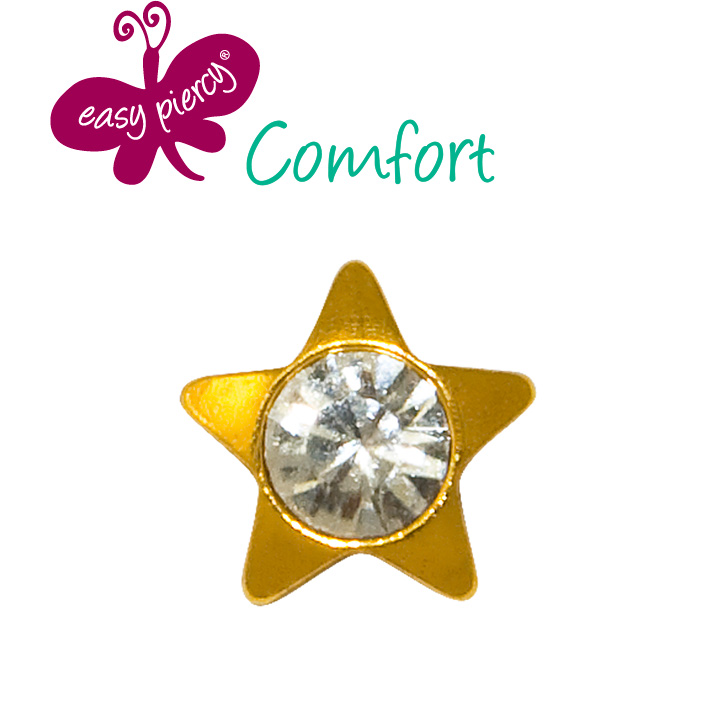 1 Pair Easy Piercy Comfort ear studs Ø 3,95 mm, gold plated, star with Diamond imitation