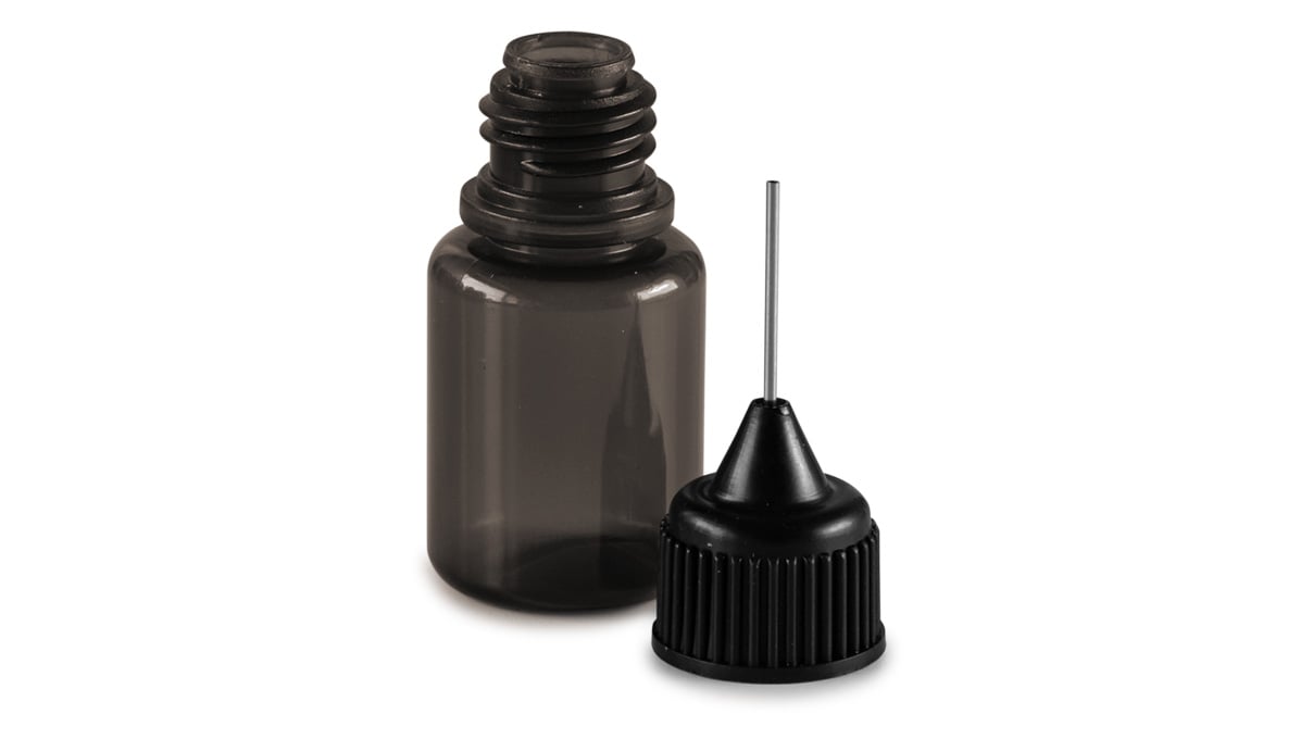 Set of 9 bottles, 5 - 50 ml, black, with caps, dosing aids and funnel