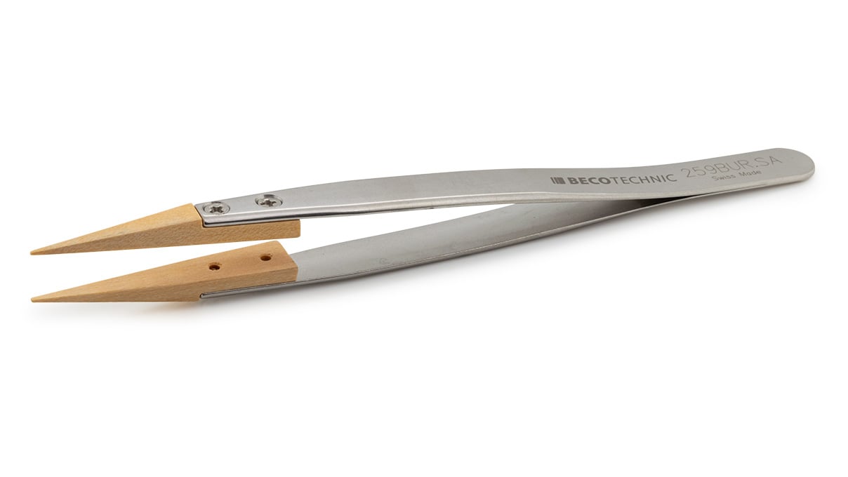 Beco Technic tweezers, Shape 259, Stainless steel, SA, Tip material Wood (BUR), 130 mm