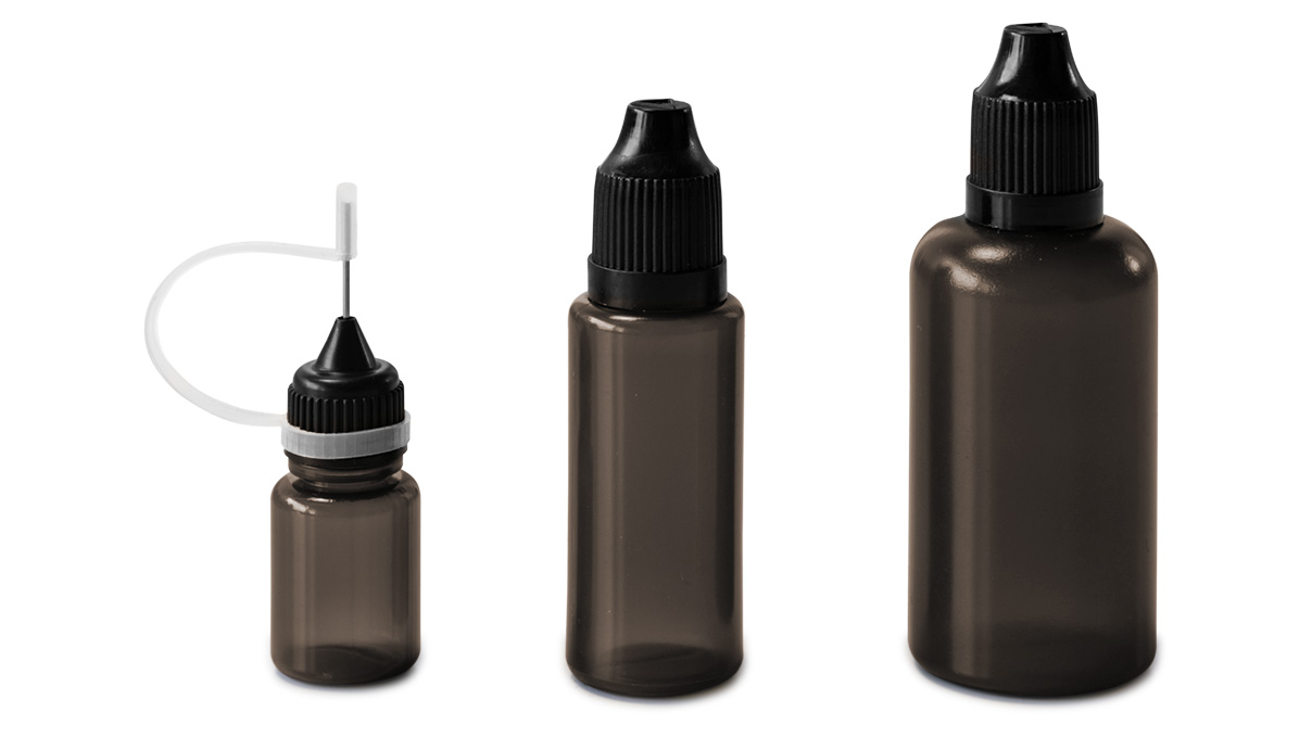 Set of 9 bottles, 5 - 50 ml, black, with caps, dosing aids and funnel