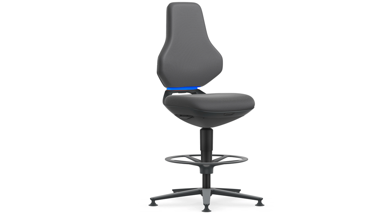 Silla giratoria de alta tecnología Bimos Texon para salas blancas, protección ESD, con deslizantes y base,
altura del asiento 57 - 81 cm, tecnología Auto-Motion, base negra, respaldo Flex-Back azul