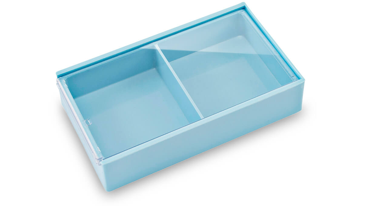 Storage box with 2 compartments, each 55 x 60 x 18,5 mm, blue, with sliding lid