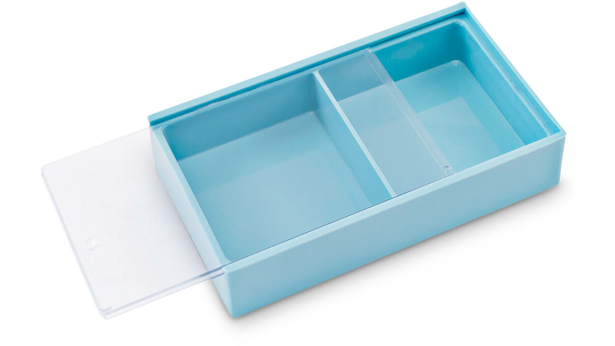 Storage box with 2 compartments, each 55 x 60 x 18,5 mm, blue, with sliding lid