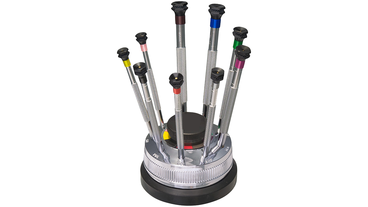 9 screwdrivers, 0,6 - 3,0 mm, rotatable base, with spare blades, antimagnetic