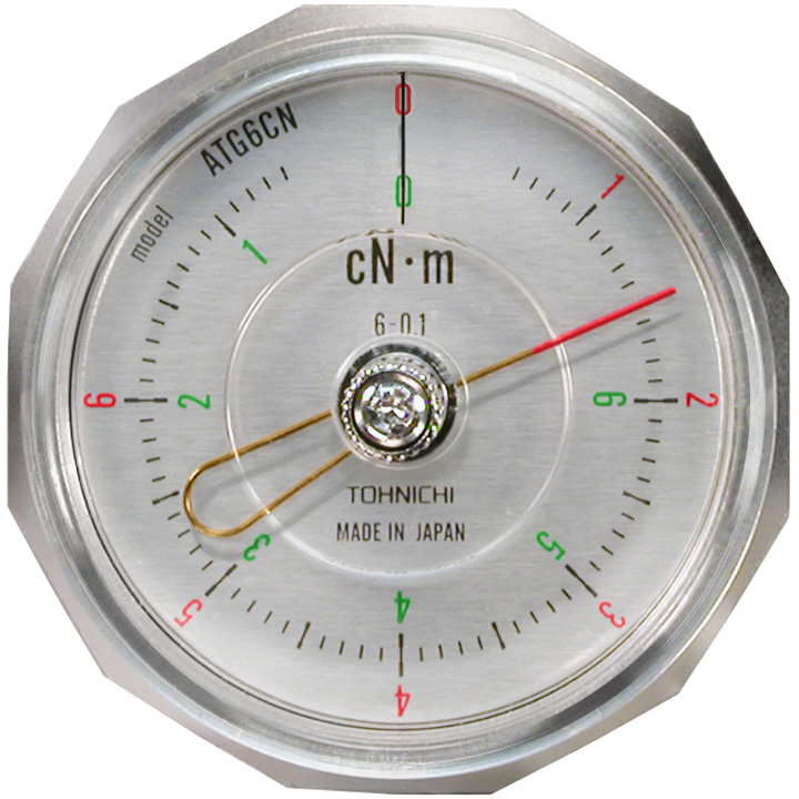 Analog torque gauge, type ATG, 0.6 - 6 Ncm, for measuring, testing and tightening very low torque, with
drag indicator, with metal chuck