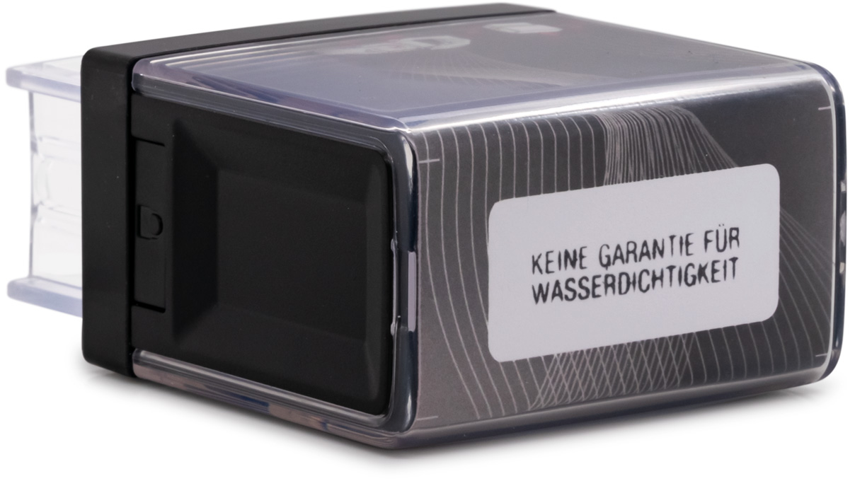 Automatic stamping machine, self-inking "Keine Garantie für Wasserdichtigkeit"