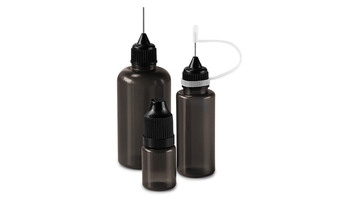 Set of 9 bottles, 5 - 50 ml, black, with caps, dosing aids and funnel