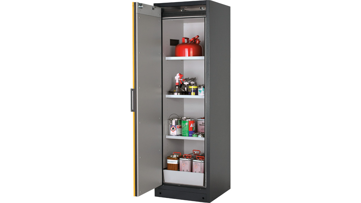 Safety storage cabinet type 30, anthracite/yellow, width 56,4 cm, 3 shelves, perforated insert and bottom sump