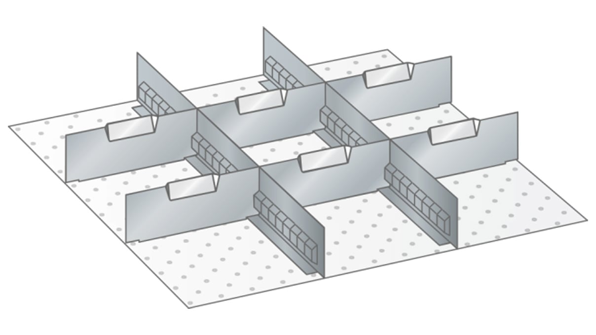 Lista Einteilungsmaterial für 27 x 27 E, 2 Schlitzwände und 6 Trennbleche für 200 mm Fronthöhe