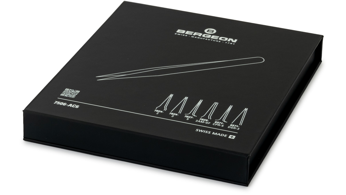 Bergeon 7506-AC6, set of 6 precision tweezers, antimagnetic, in wooden box