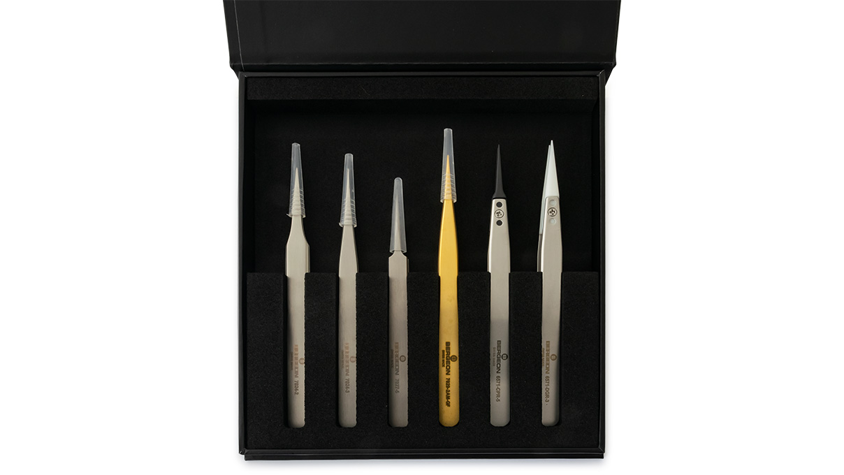 Bergeon 7506-AC6, set of 6 precision tweezers, antimagnetic, in wooden box