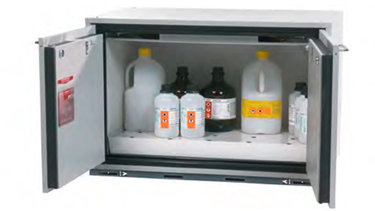 Safety storage under bench cabinet type 30, width 110,2 cm, 2 hinged doors, 1 perforated insert, 1 bottom sump