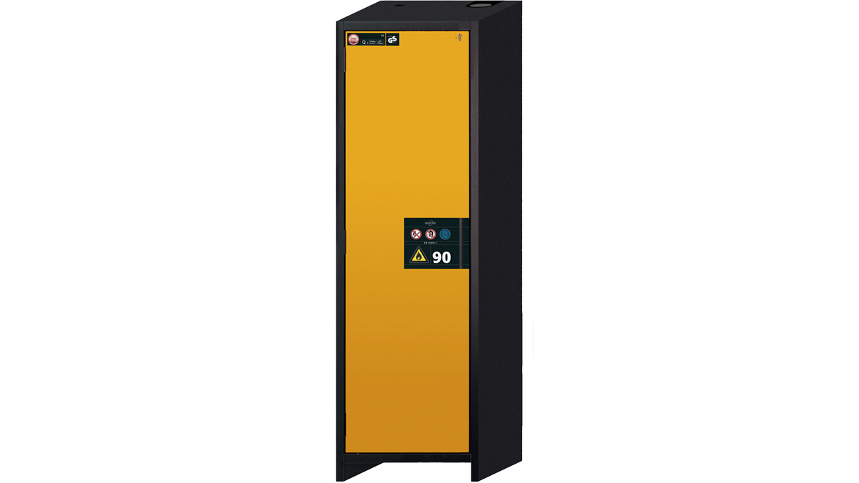 Safety storage cabinet type 90 with automatic closing, anthracite/yellow, width 59,9 cm, 1 hinged door, 3 shelves, 1
perforated insert, 1 bottom sump