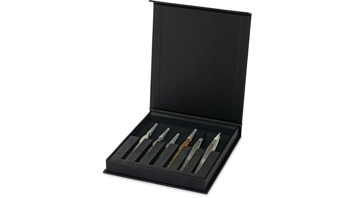 Bergeon 7506-AC6, set of 6 precision tweezers, antimagnetic, in wooden box