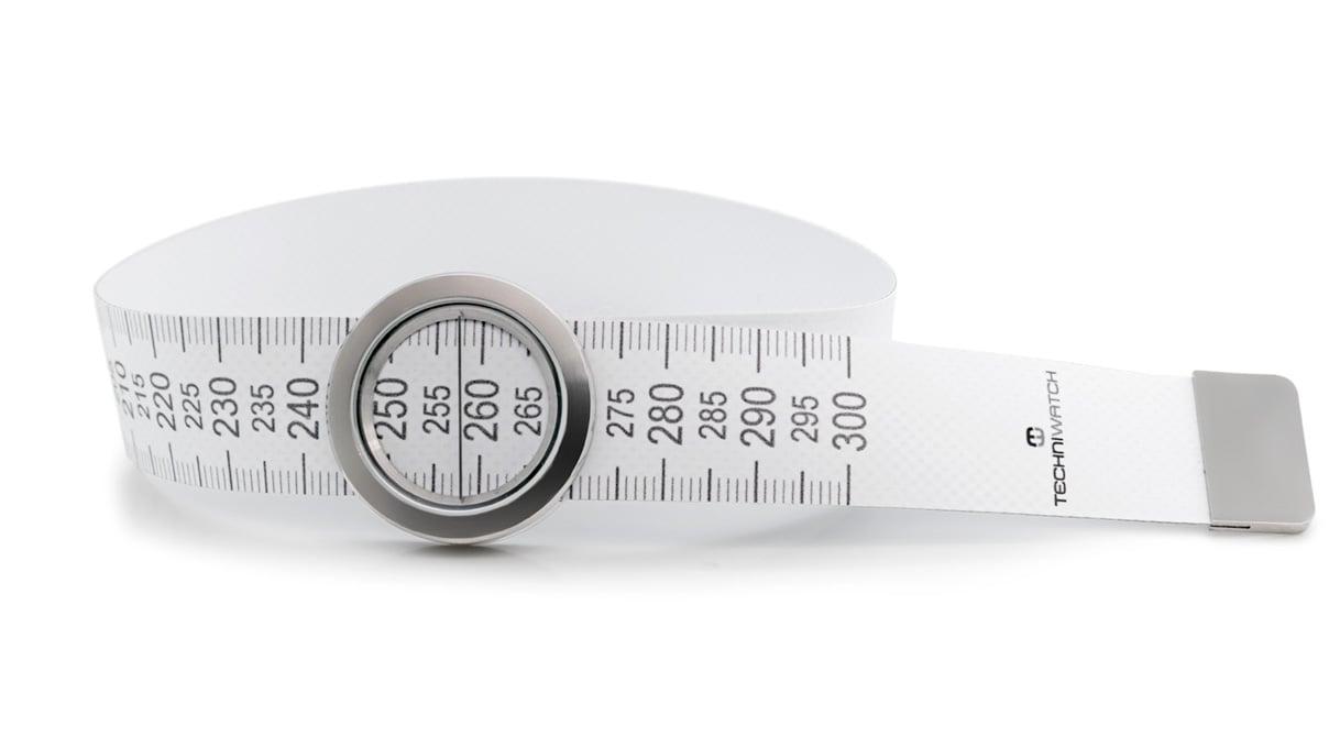 Measuring bracelet to realistically simulate a wristwatch on the wrist thanks to an integrated stainless steel
housing