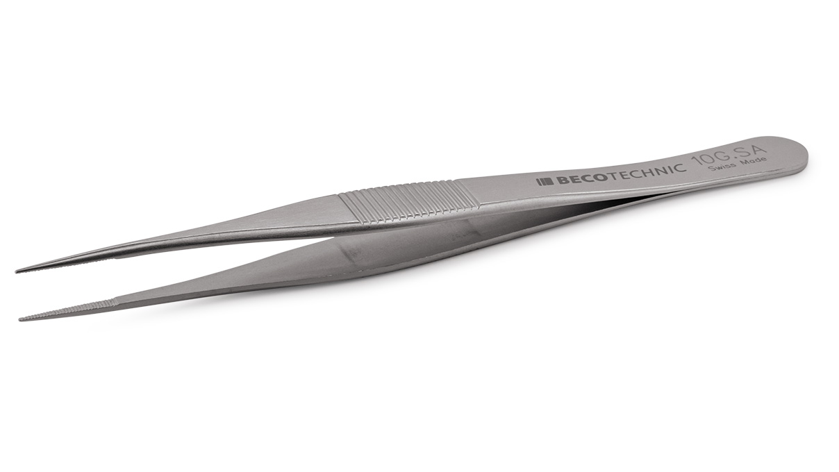 Tweezers with serrated grips, fine tips with cut, length 110 mm